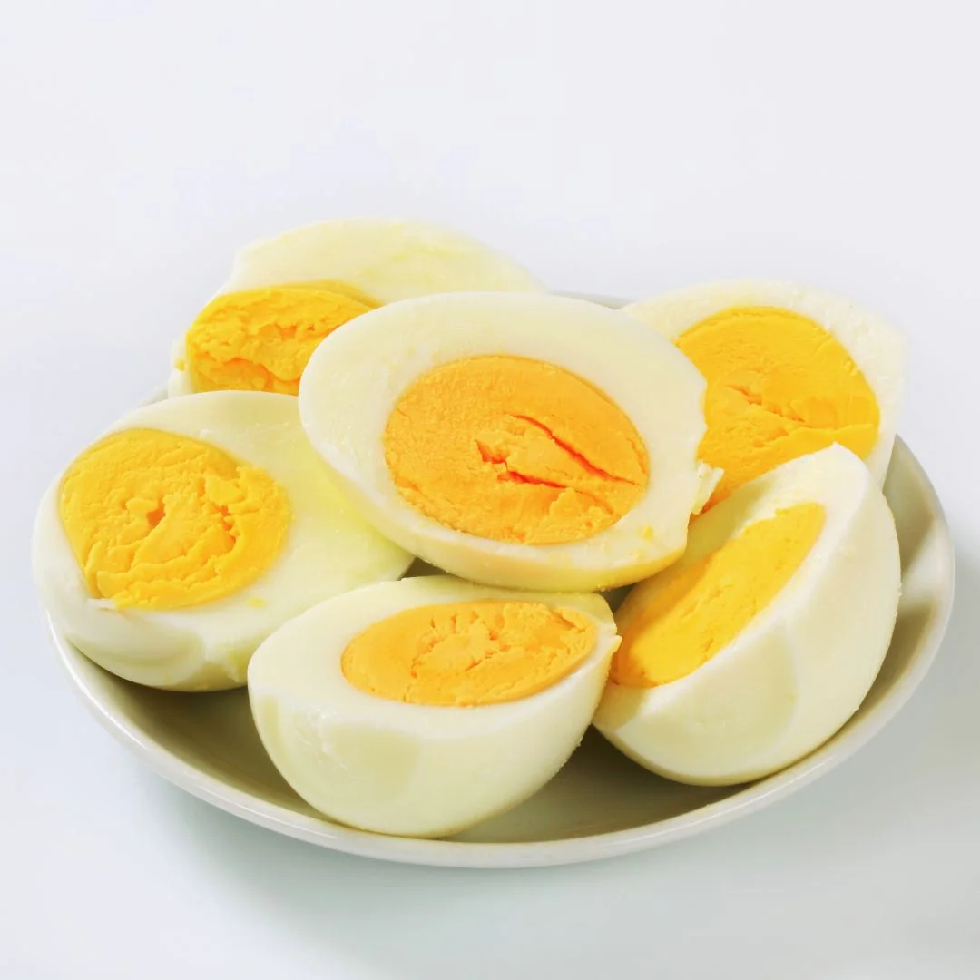 Boiled eggs cut in half served in a bowl