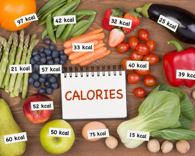 Healthy fruits and vegetables with calorie counts