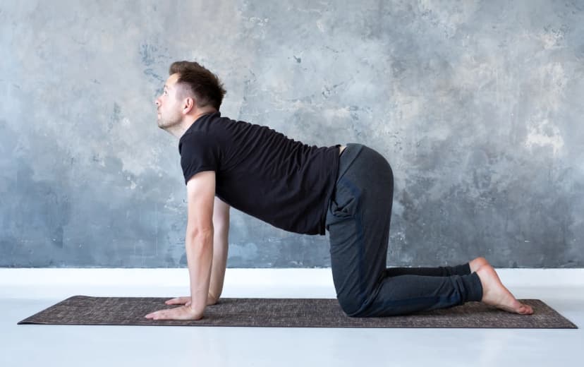 a men doing cat cow yoga pose on yoga mat in the house morning view