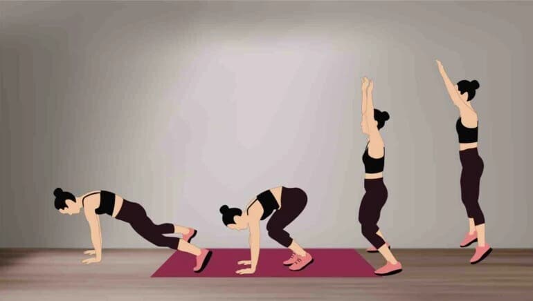 Female doing burpees exercise during home workout
